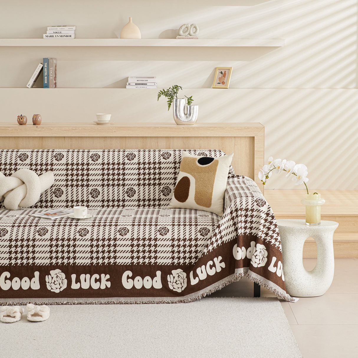 Chenille Houndstooth Sofa Throw Cover, Scratch Proof Cozy Throw Blankets for Couch