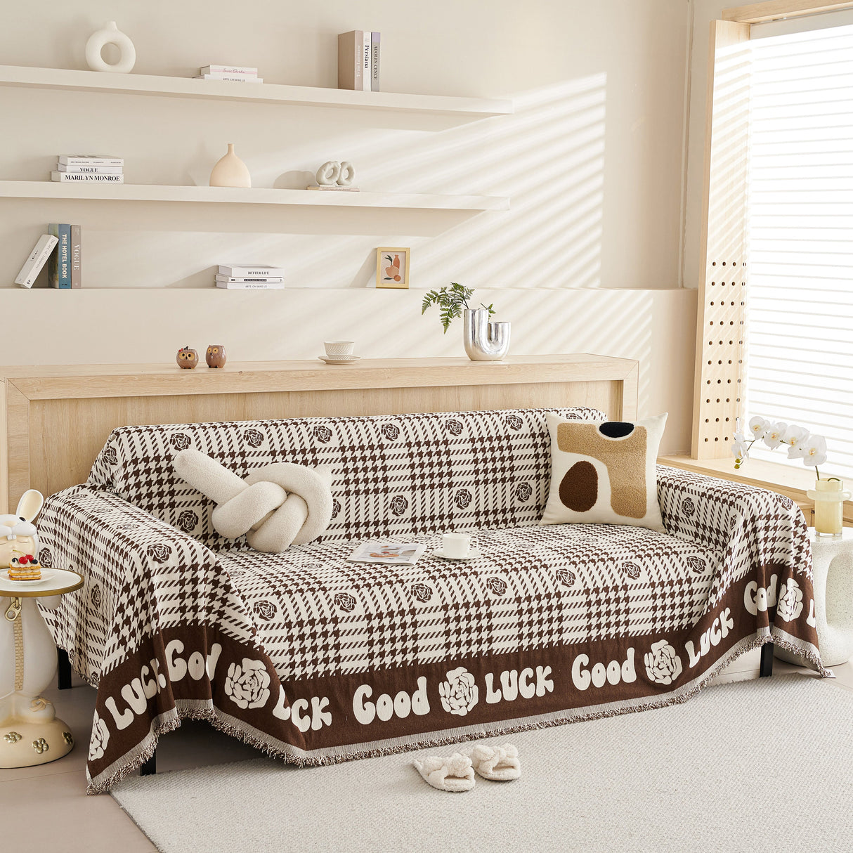 Chenille Houndstooth Sofa Throw Cover, Scratch Proof Cozy Throw Blankets for Couch