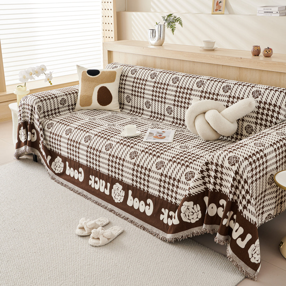 Chenille Houndstooth Sofa Throw Cover, Scratch Proof Cozy Throw Blankets for Couch