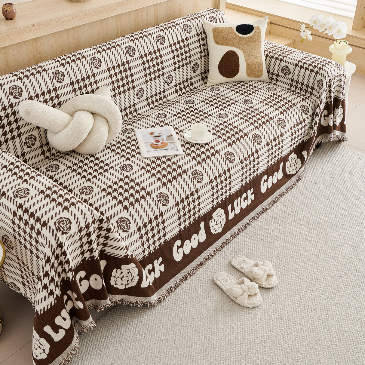 Chenille Houndstooth Sofa Throw Cover, Scratch Proof Cozy Throw Blankets for Couch