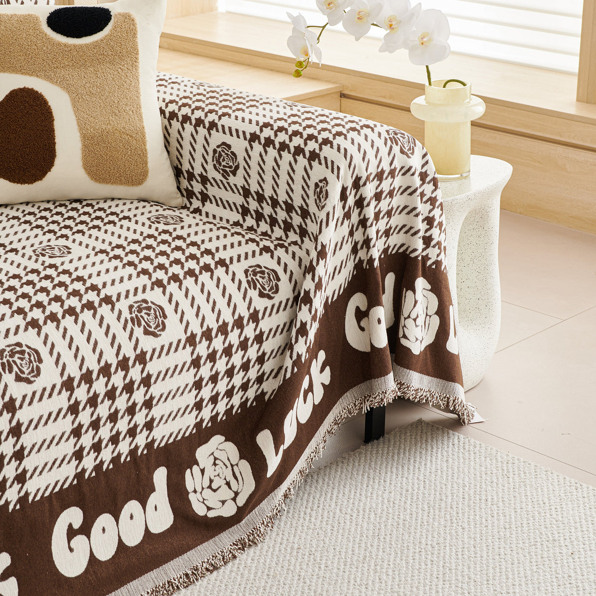 Chenille Houndstooth Sofa Throw Cover, Scratch Proof Cozy Throw Blankets for Couch