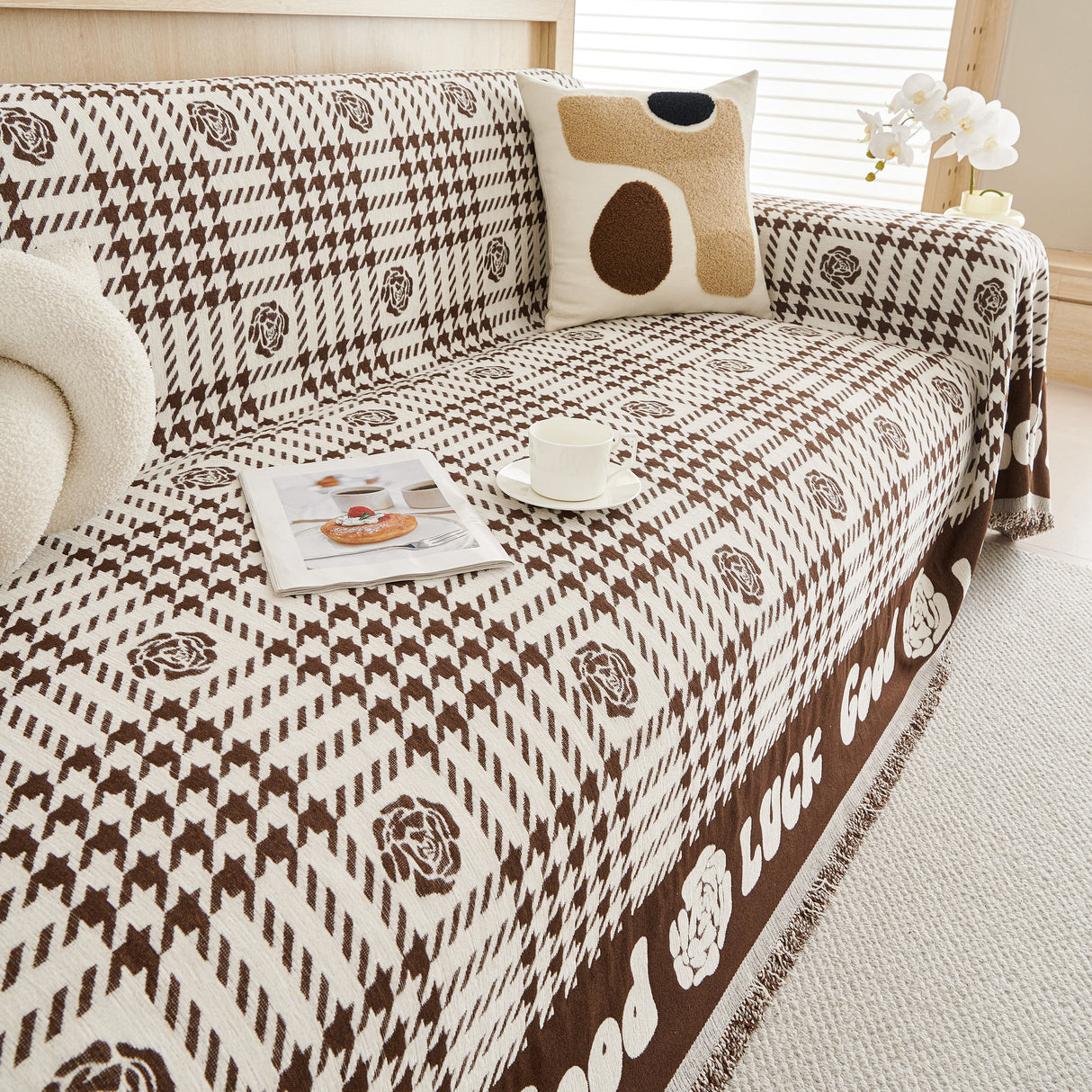 Chenille Houndstooth Sofa Throw Cover, Scratch Proof Cozy Throw Blankets for Couch
