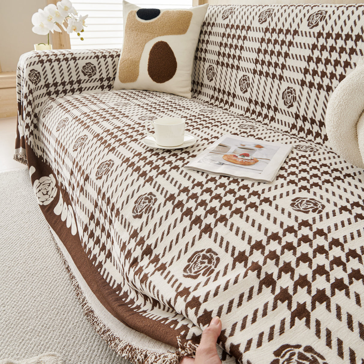 Chenille Houndstooth Sofa Throw Cover, Scratch Proof Cozy Throw Blankets for Couch