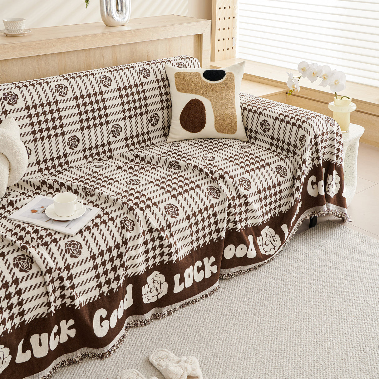 Chenille Houndstooth Sofa Throw Cover, Scratch Proof Cozy Throw Blankets for Couch