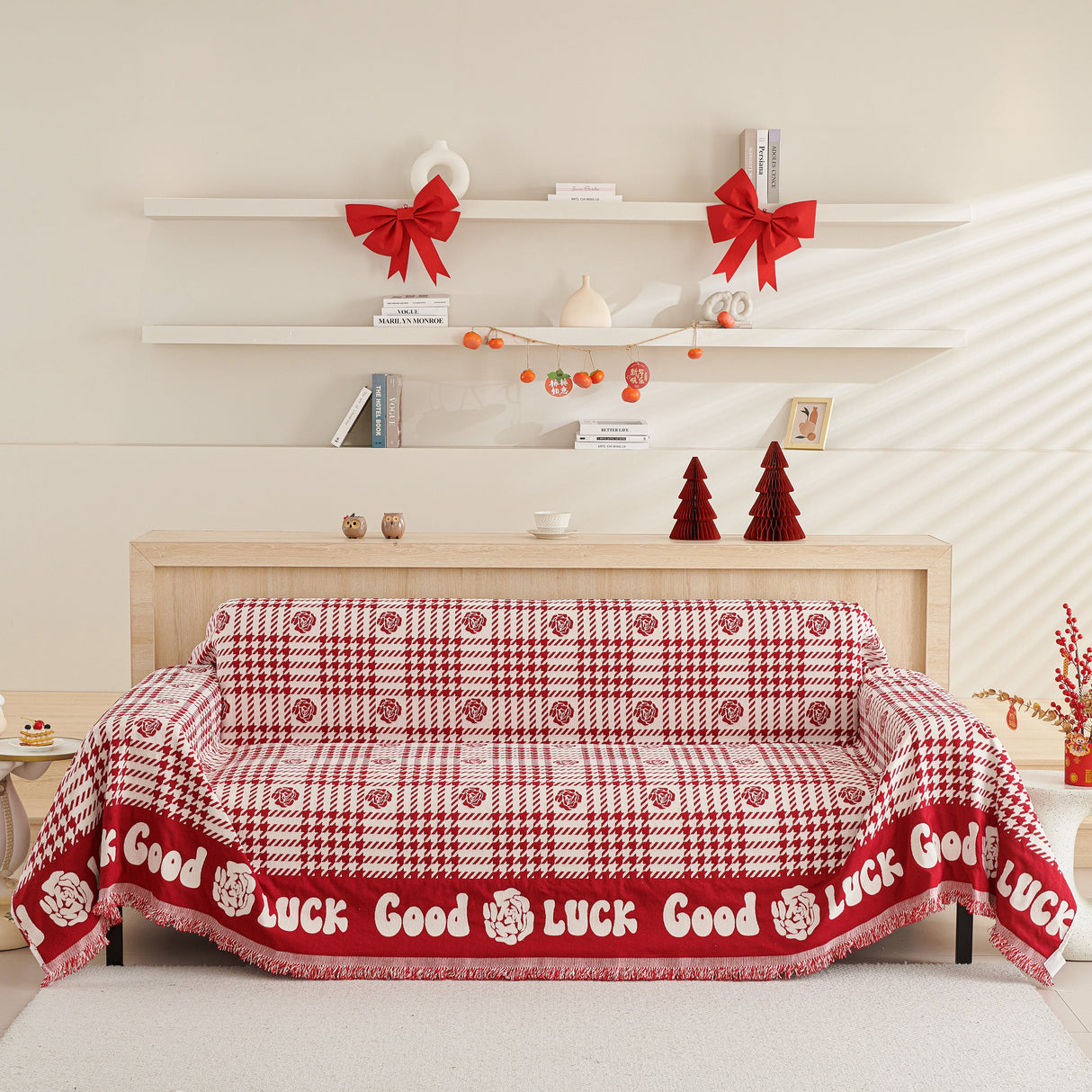 Chenille Houndstooth Sofa Throw Cover, Scratch Proof Cozy Throw Blankets for Couch