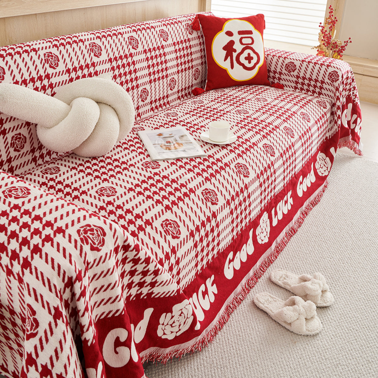 Chenille Houndstooth Sofa Throw Cover, Scratch Proof Cozy Throw Blankets for Couch