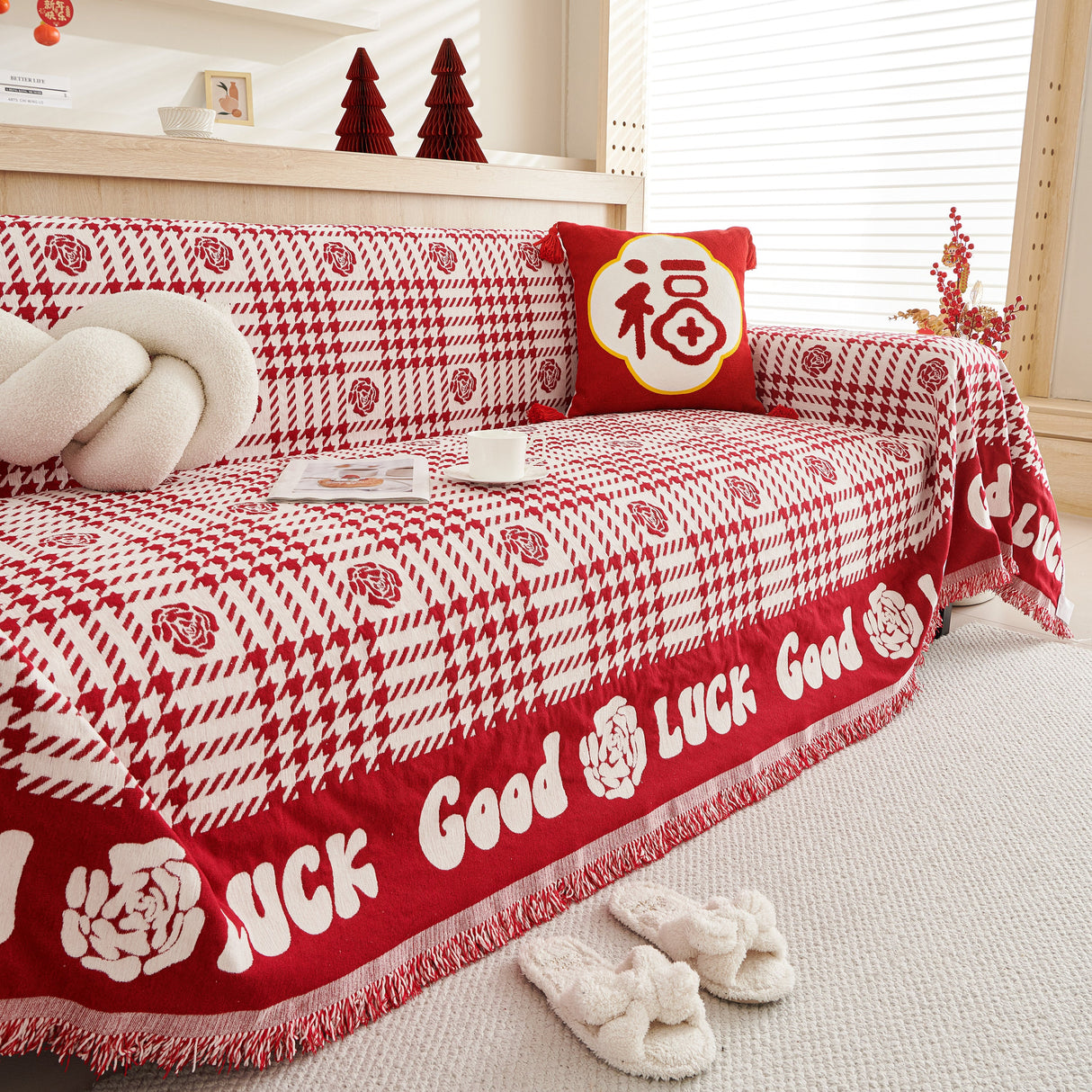 Chenille Houndstooth Sofa Throw Cover, Scratch Proof Cozy Throw Blankets for Couch