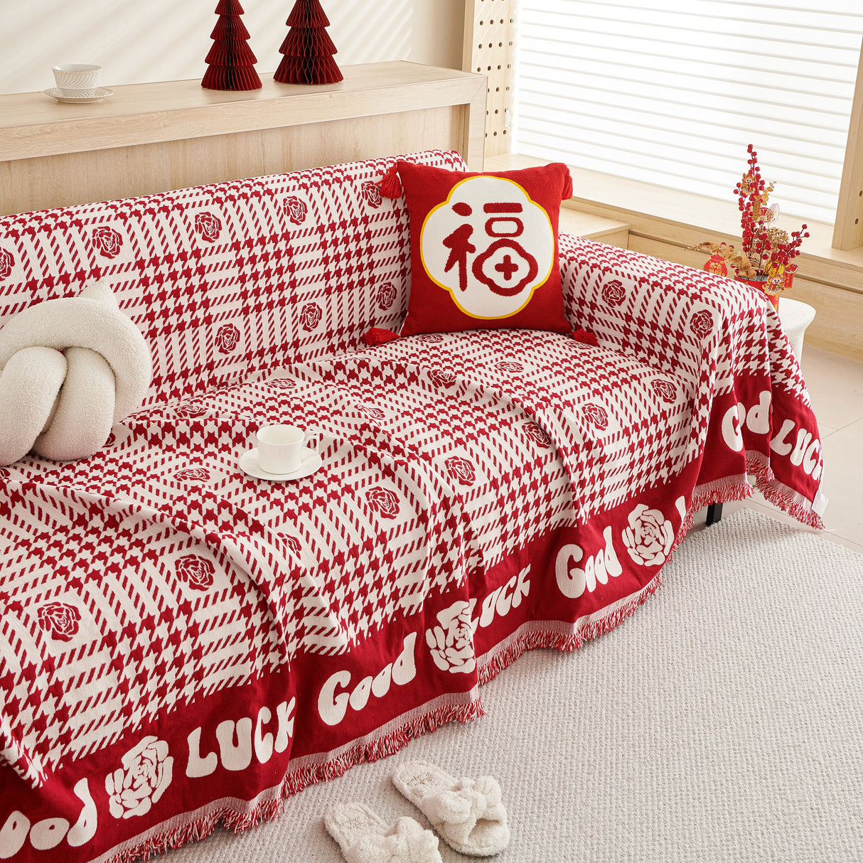 Chenille Houndstooth Sofa Throw Cover, Scratch Proof Cozy Throw Blankets for Couch