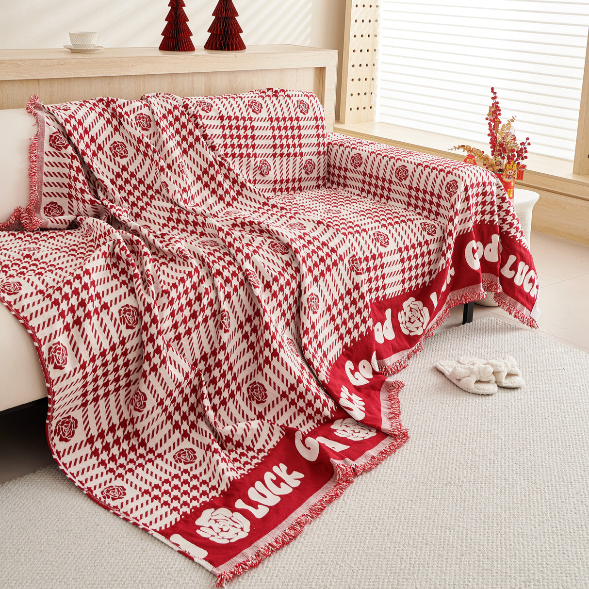 Chenille Houndstooth Sofa Throw Cover, Scratch Proof Cozy Throw Blankets for Couch