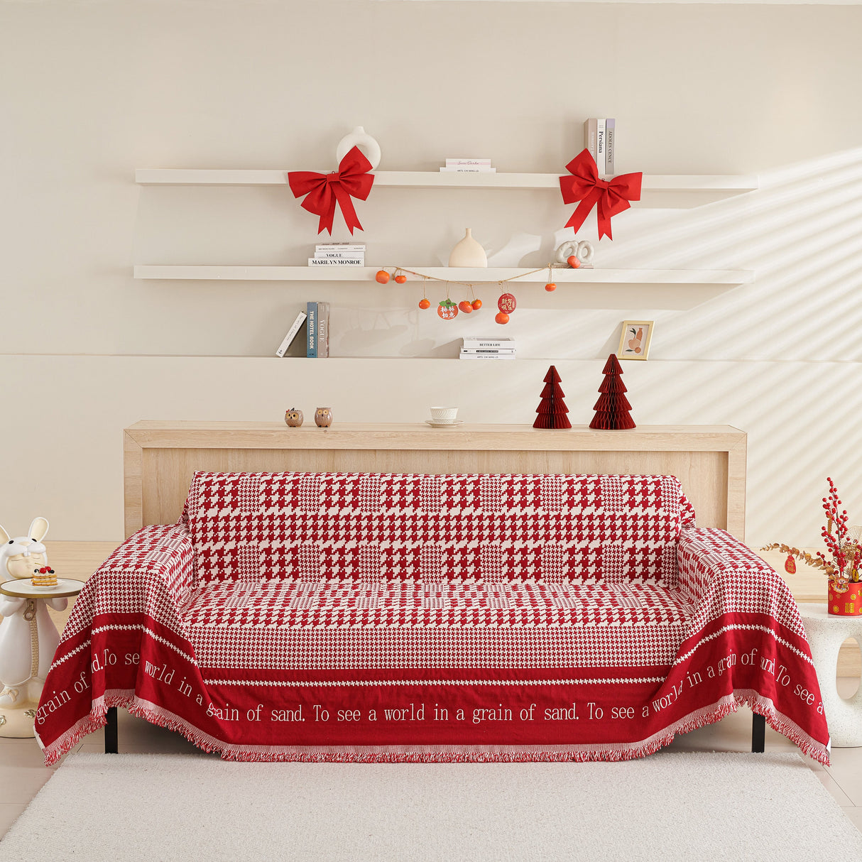 Chenille Houndstooth Couch Cover, Chaise Lounge Blanket Cover, Sectional Couch Scratch Protector