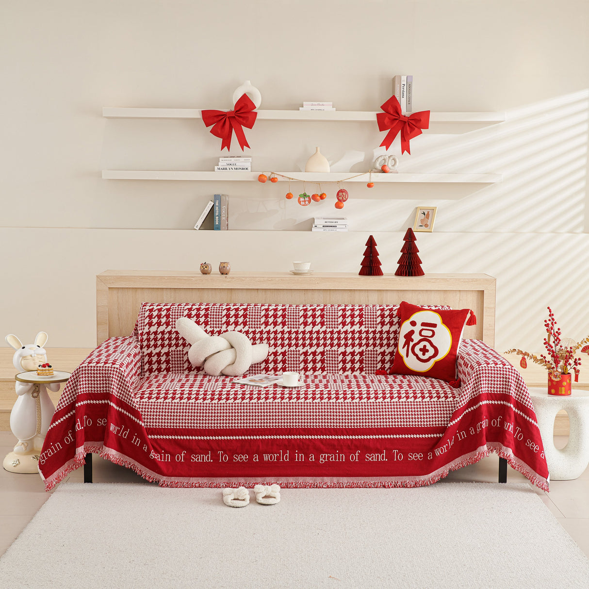 Chenille Houndstooth Couch Cover, Chaise Lounge Blanket Cover, Sectional Couch Scratch Protector