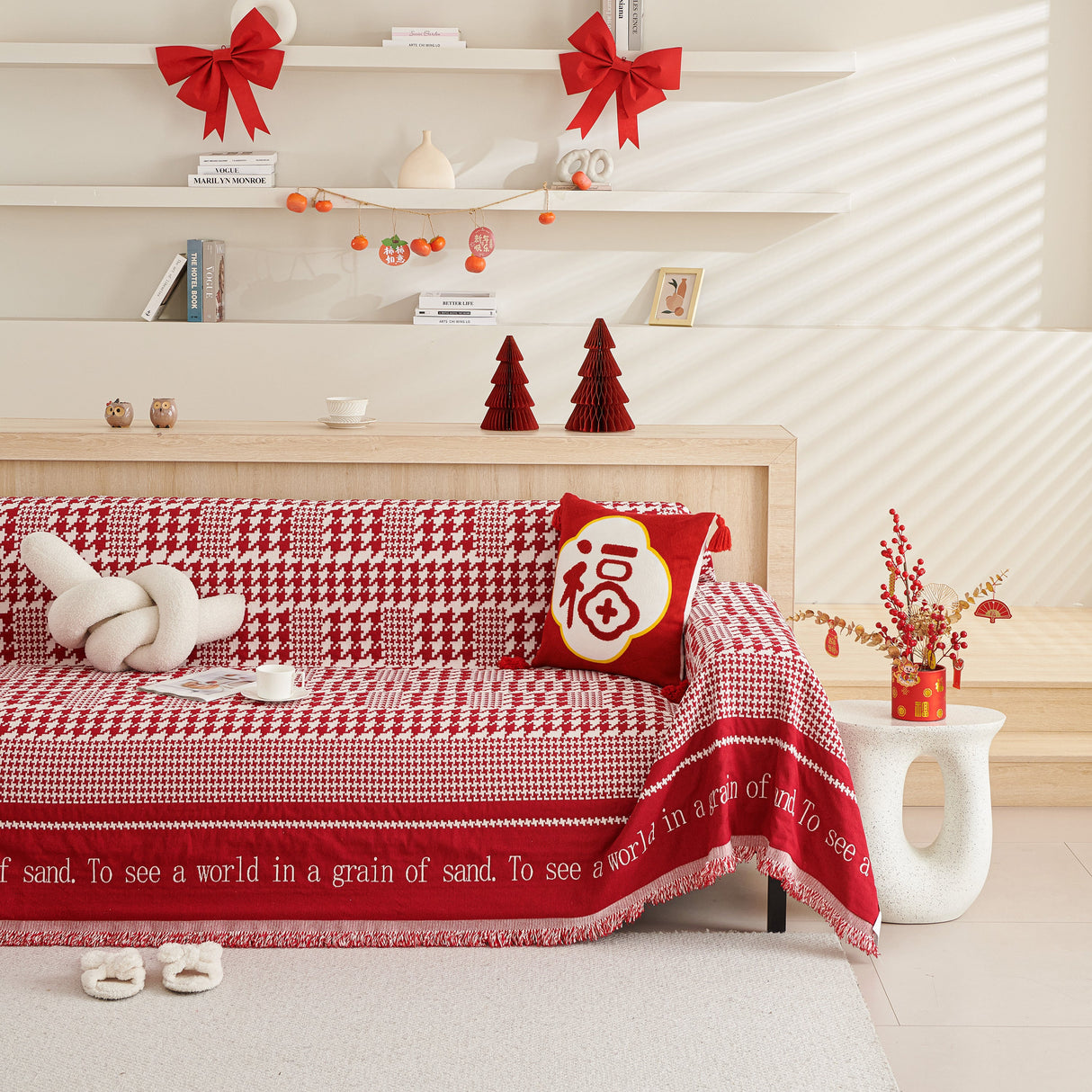 Chenille Houndstooth Couch Cover, Chaise Lounge Blanket Cover, Sectional Couch Scratch Protector