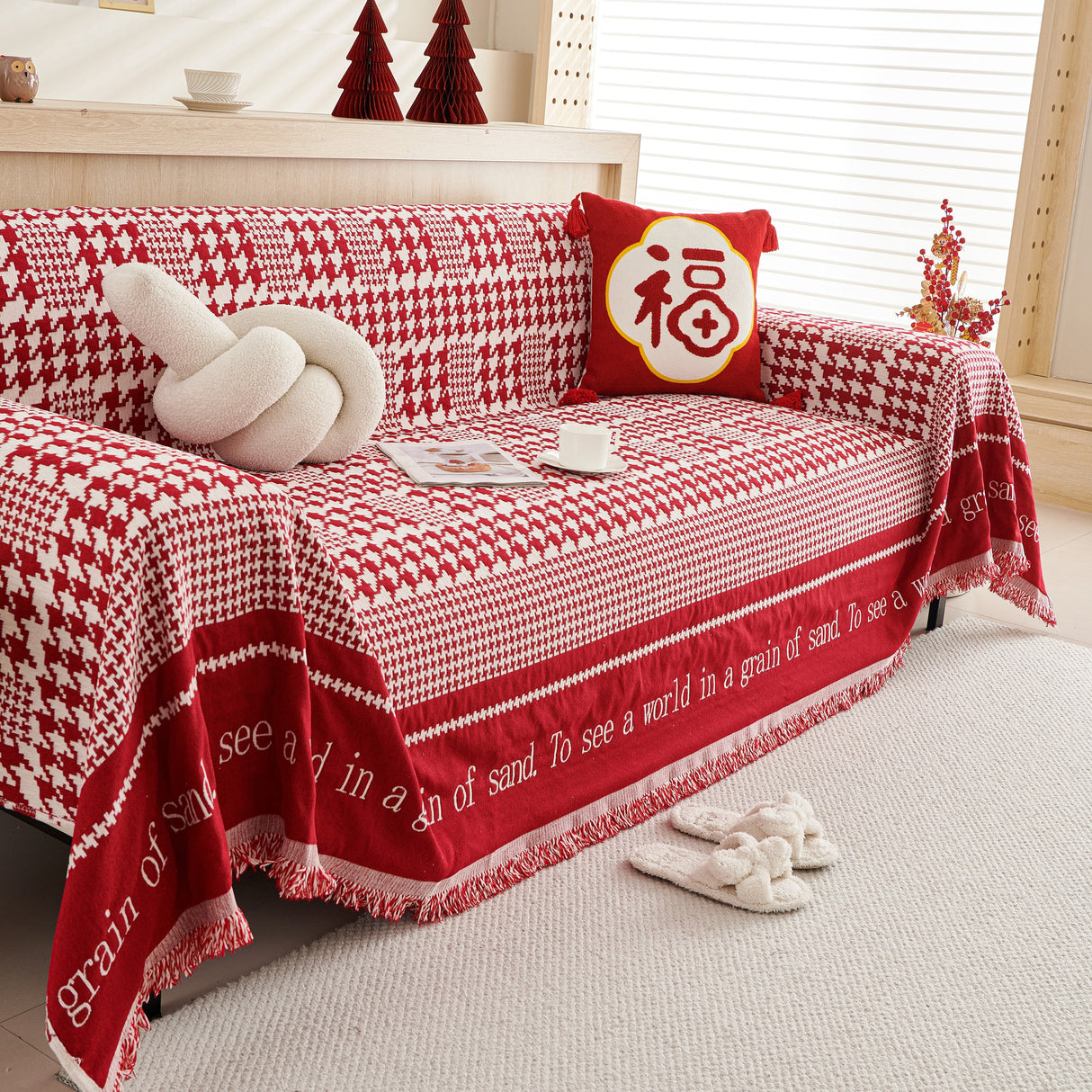 Chenille Houndstooth Couch Cover, Chaise Lounge Blanket Cover, Sectional Couch Scratch Protector