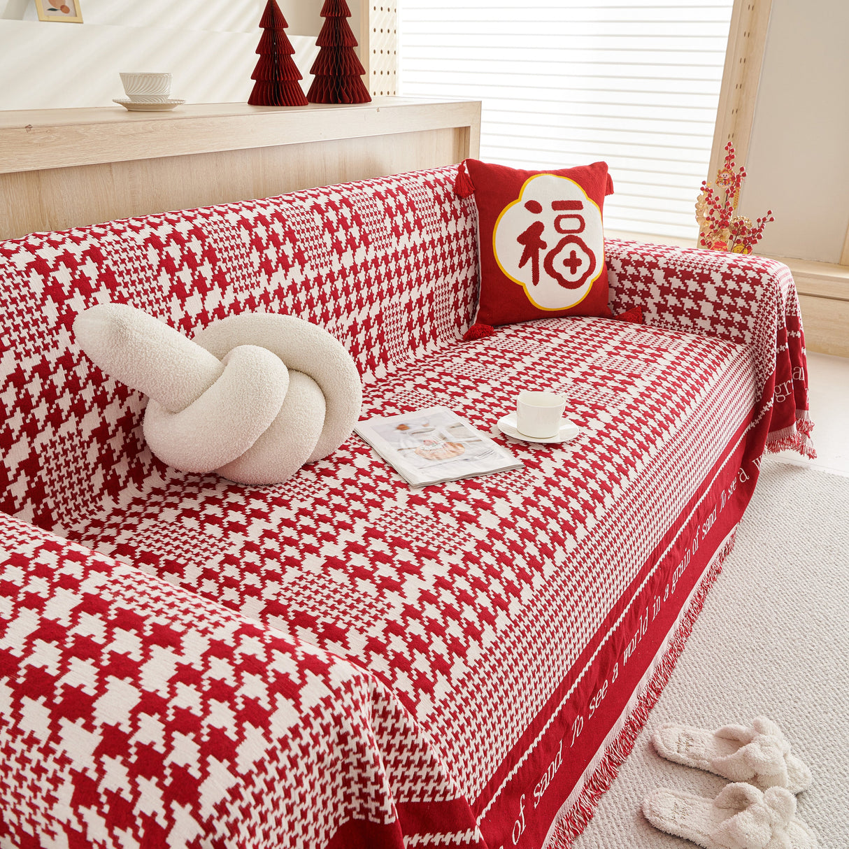 Chenille Houndstooth Couch Cover, Chaise Lounge Blanket Cover, Sectional Couch Scratch Protector