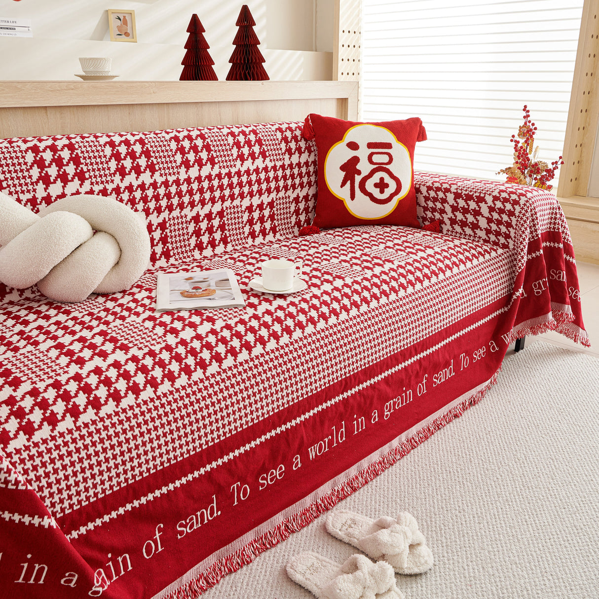 Chenille Houndstooth Couch Cover, Chaise Lounge Blanket Cover, Sectional Couch Scratch Protector