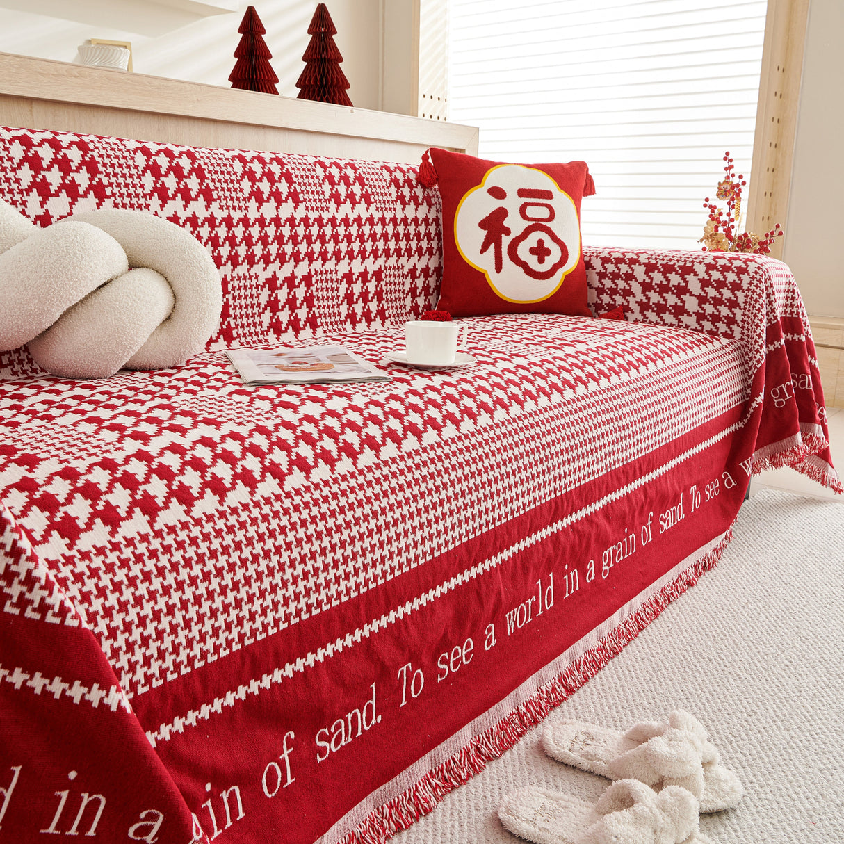 Chenille Houndstooth Couch Cover, Chaise Lounge Blanket Cover, Sectional Couch Scratch Protector