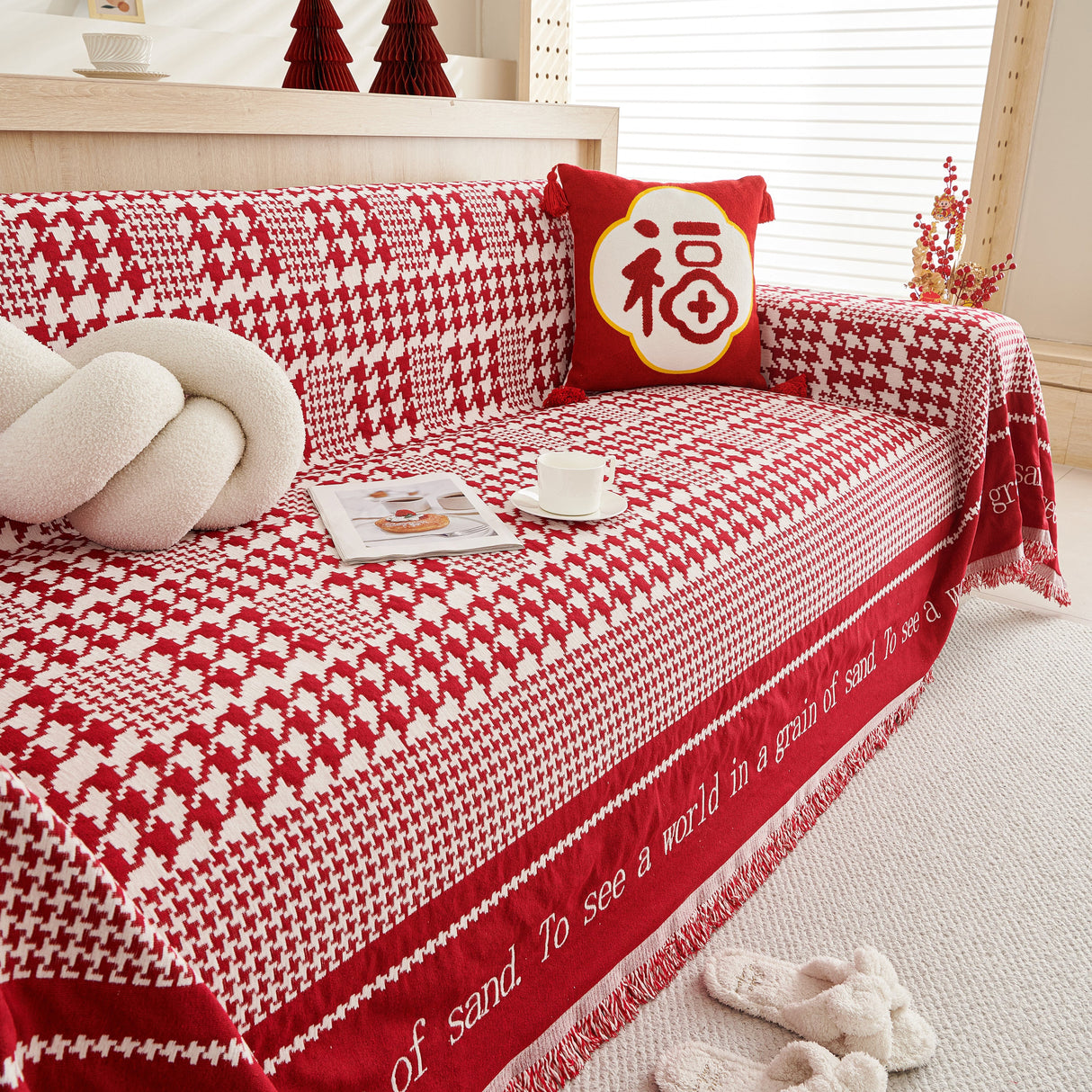 Chenille Houndstooth Couch Cover, Chaise Lounge Blanket Cover, Sectional Couch Scratch Protector