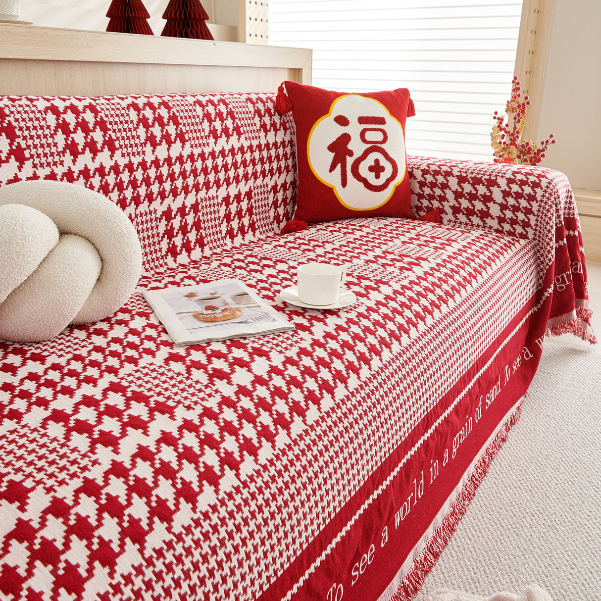 Chenille Houndstooth Couch Cover, Chaise Lounge Blanket Cover, Sectional Couch Scratch Protector