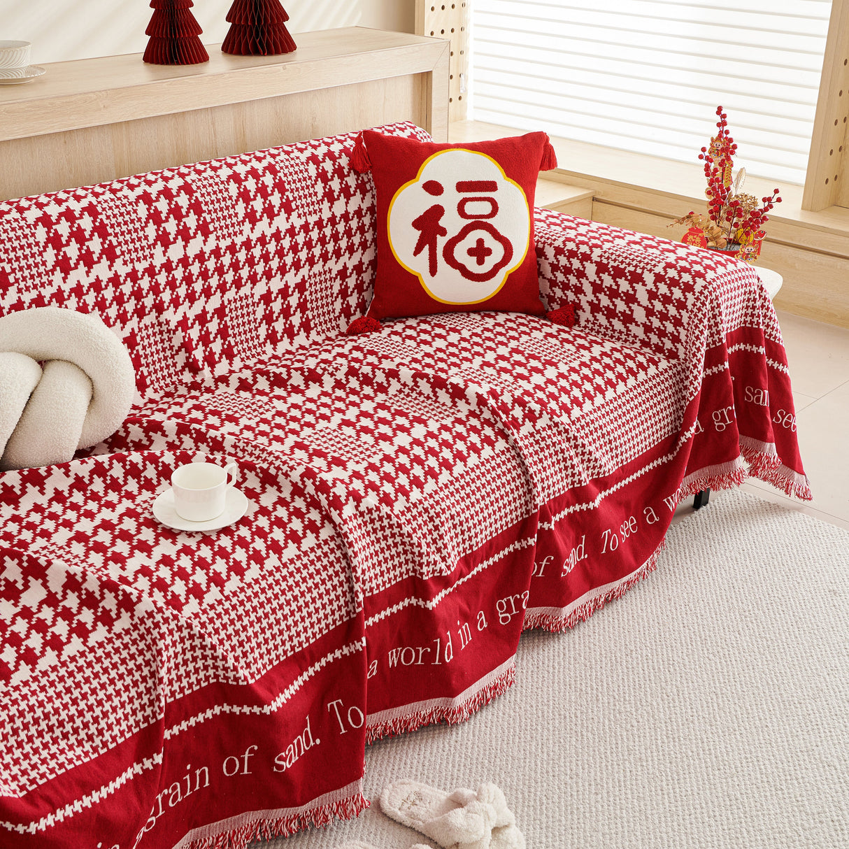 Chenille Houndstooth Couch Cover, Chaise Lounge Blanket Cover, Sectional Couch Scratch Protector