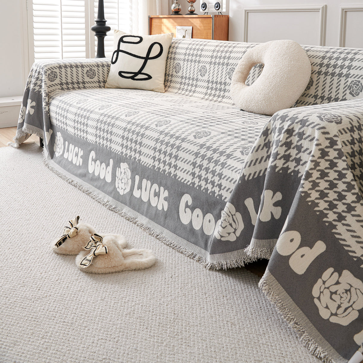 Chenille Houndstooth Sofa Throw Cover, Scratch Proof Cozy Throw Blankets for Couch