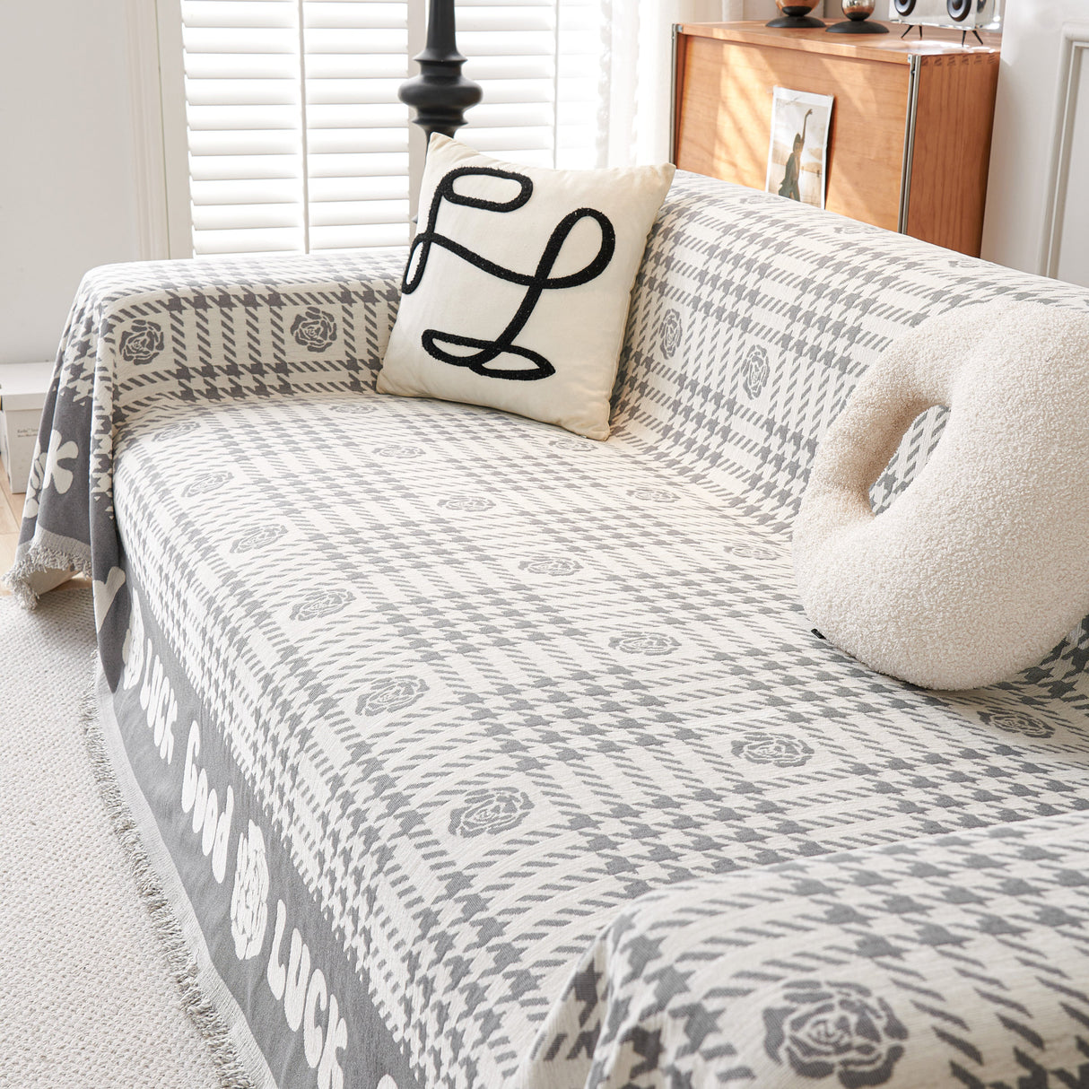 Chenille Houndstooth Sofa Throw Cover, Scratch Proof Cozy Throw Blankets for Couch