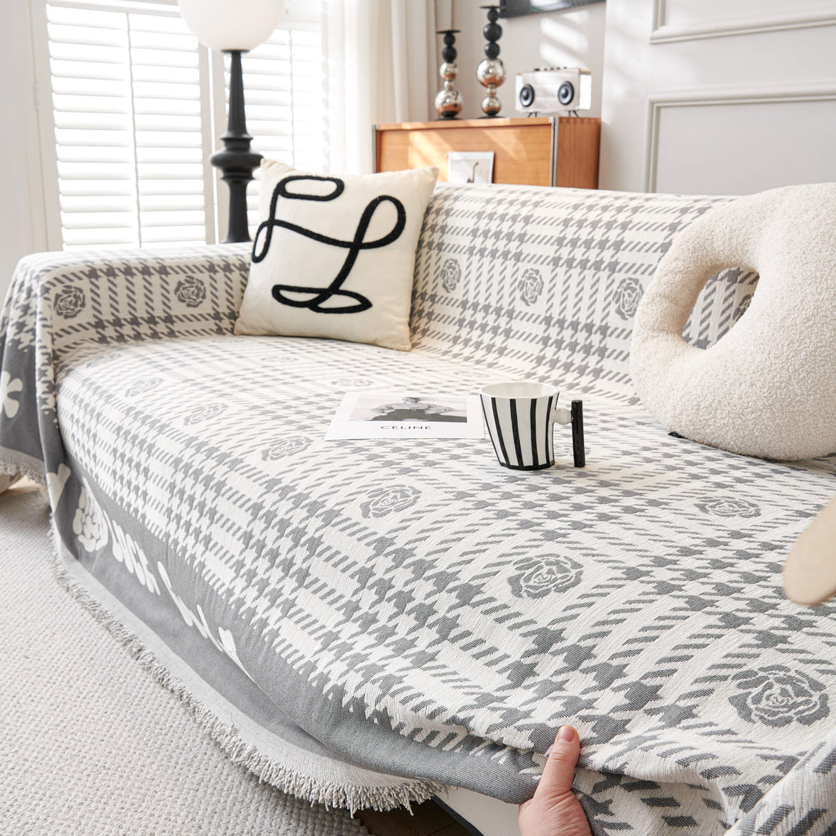 Chenille Houndstooth Sofa Throw Cover, Scratch Proof Cozy Throw Blankets for Couch