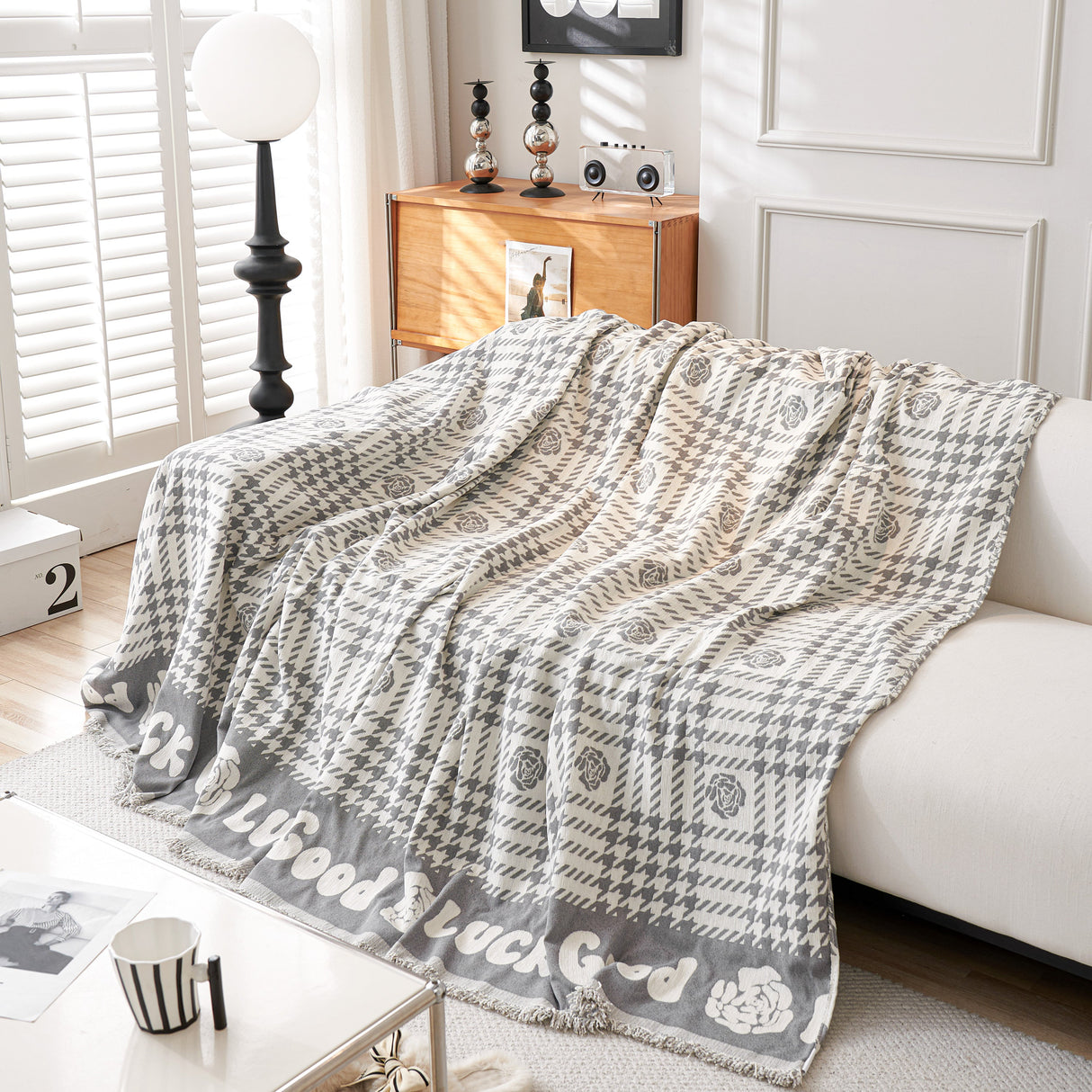 Chenille Houndstooth Sofa Throw Cover, Scratch Proof Cozy Throw Blankets for Couch