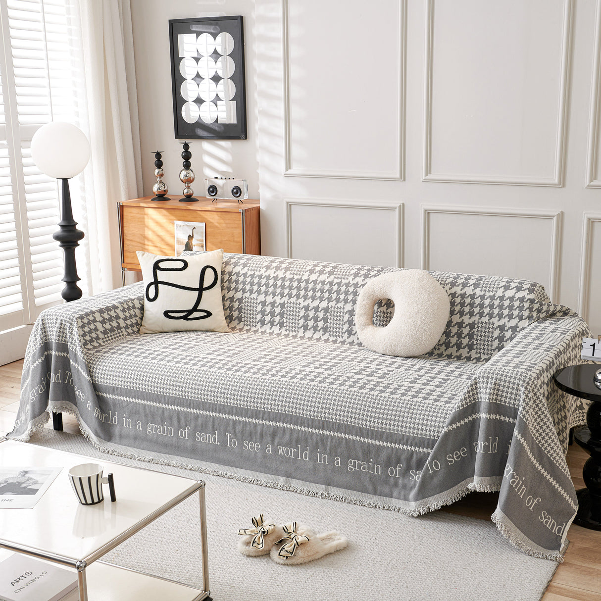 Chenille Houndstooth Couch Cover, Chaise Lounge Blanket Cover, Sectional Couch Scratch Protector