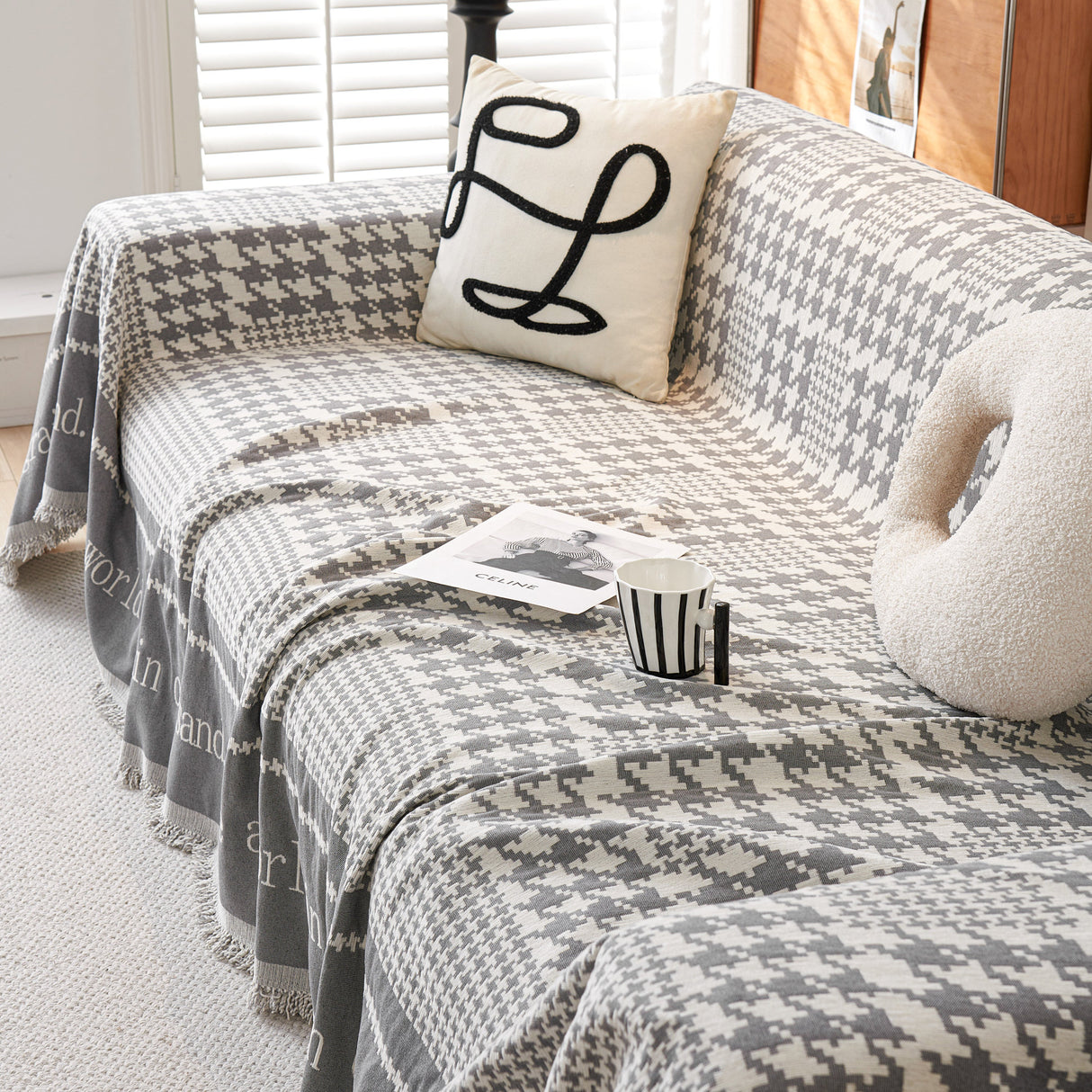 Chenille Houndstooth Couch Cover, Chaise Lounge Blanket Cover, Sectional Couch Scratch Protector