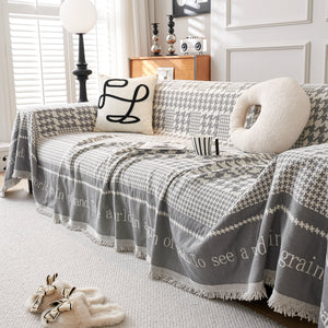 Chenille Houndstooth Couch Cover, Chaise Lounge Blanket Cover, Sectional Couch Scratch Protector