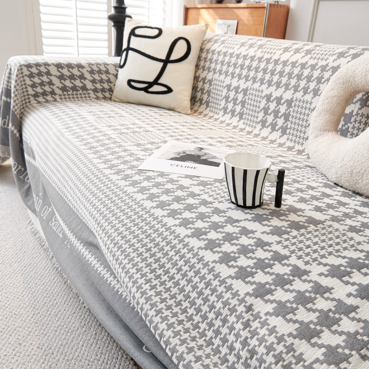 Chenille Houndstooth Couch Cover, Chaise Lounge Blanket Cover, Sectional Couch Scratch Protector