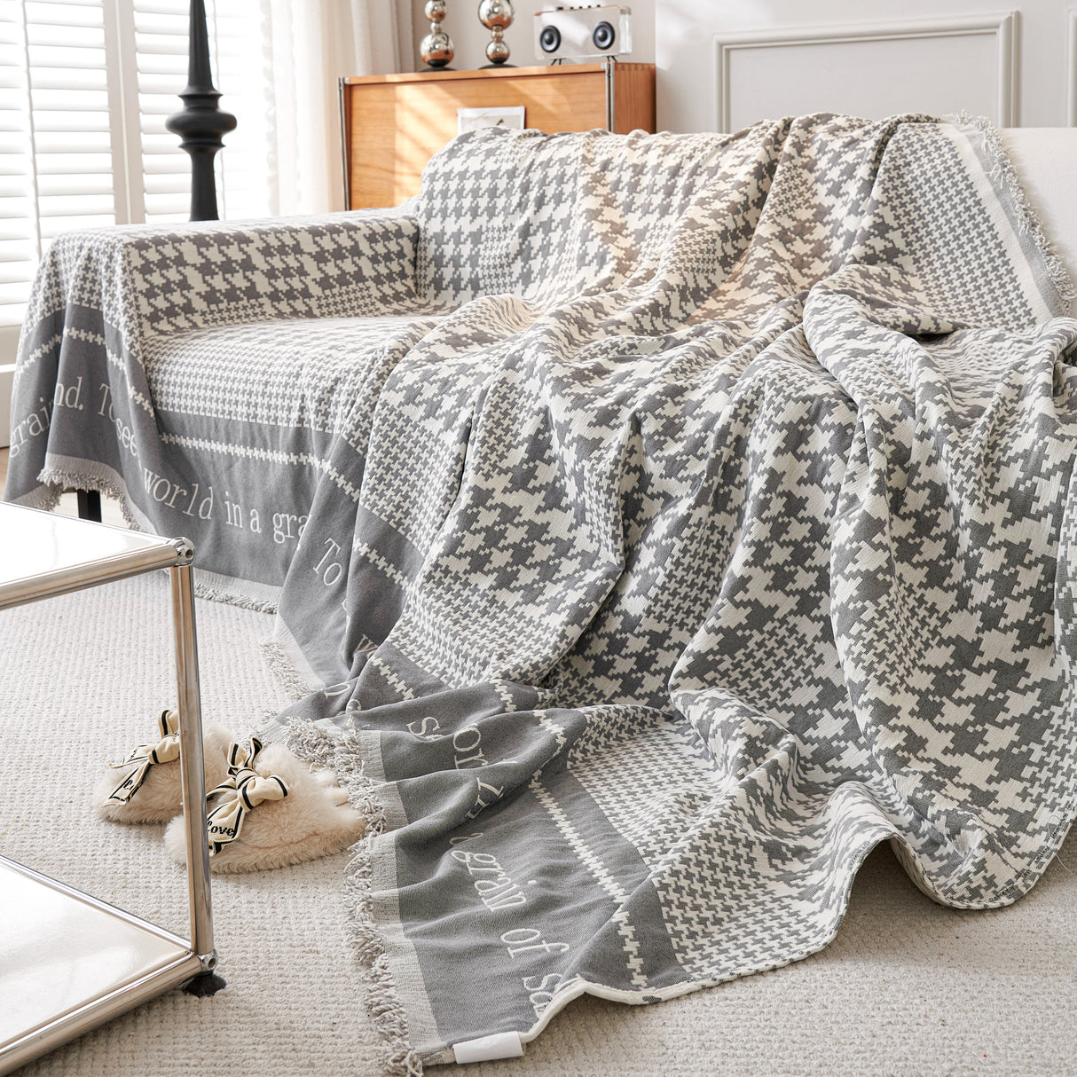 Chenille Houndstooth Couch Cover, Chaise Lounge Blanket Cover, Sectional Couch Scratch Protector