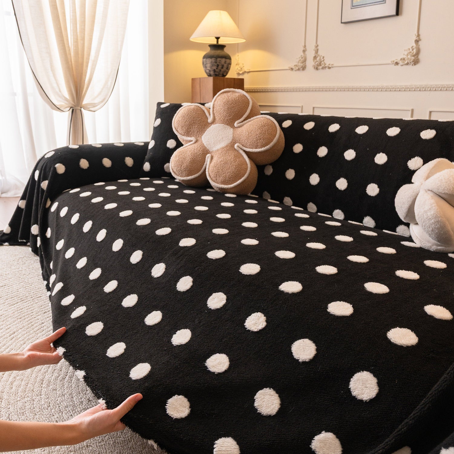 Plush Fleece Sofa Cover Throw, Soft Textured Polka Dot Couch Protector Blanket for Pets