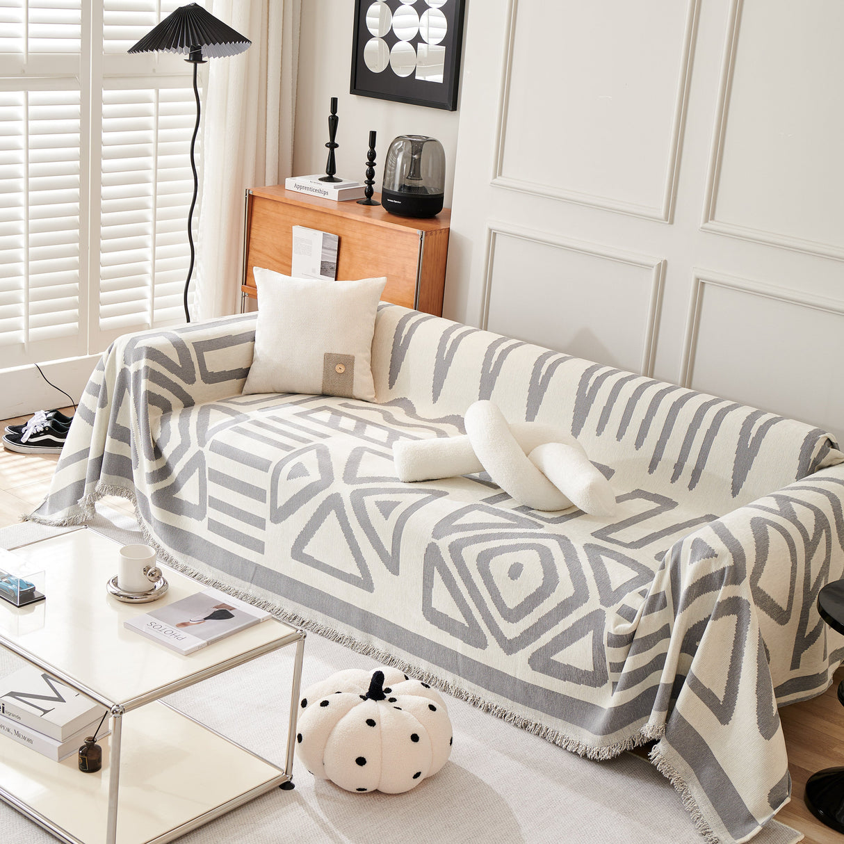 Chenille Geometric Sofa Throw Blanket, Boho Washable Furniture Throw Covers for Sofa