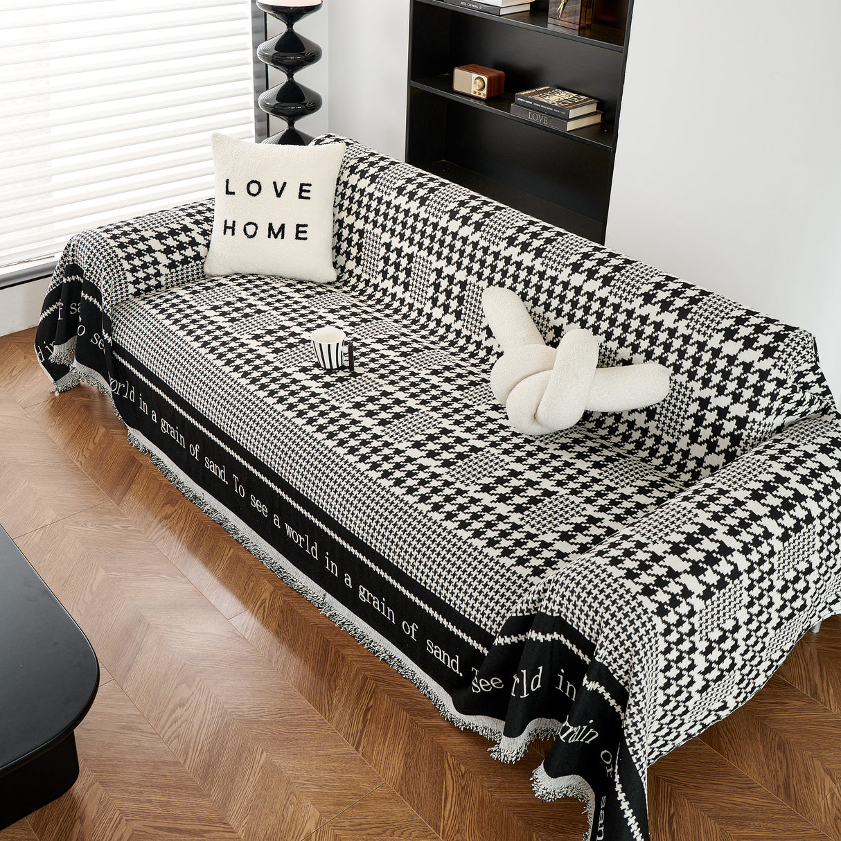 Chenille Houndstooth Couch Cover, Chaise Lounge Blanket Cover, Sectional Couch Scratch Protector