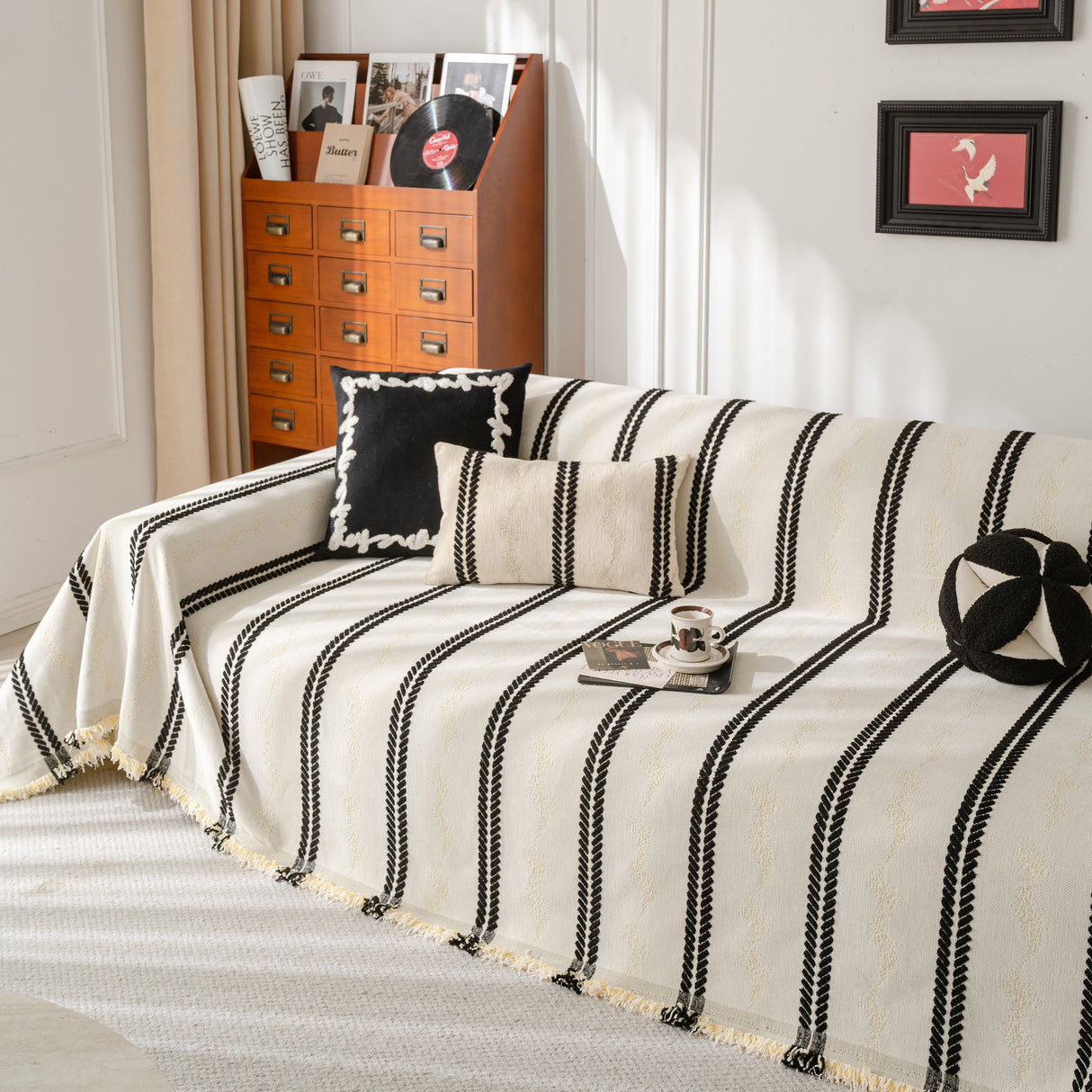 Boho Couch Throw Blanket with Textured Stripes, Sofa Cover for Living Room Decor