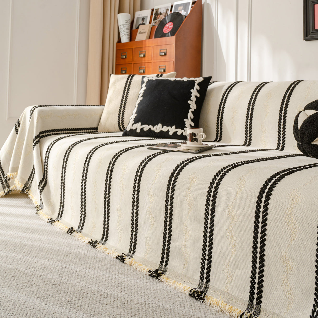 Boho Couch Throw Blanket with Textured Stripes, Sofa Cover for Living Room Decor