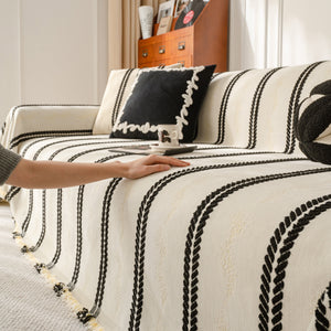 Boho Couch Throw Blanket with Textured Stripes, Sofa Cover for Living Room Decor