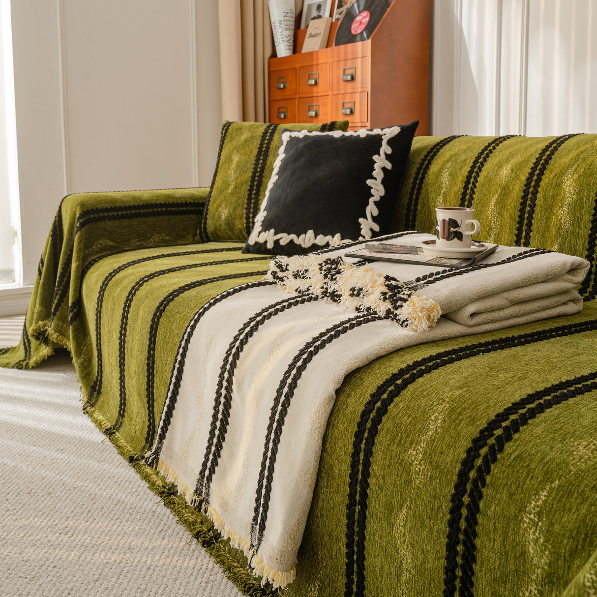 Boho Couch Throw Blanket with Textured Stripes, Sofa Cover for Living Room Decor