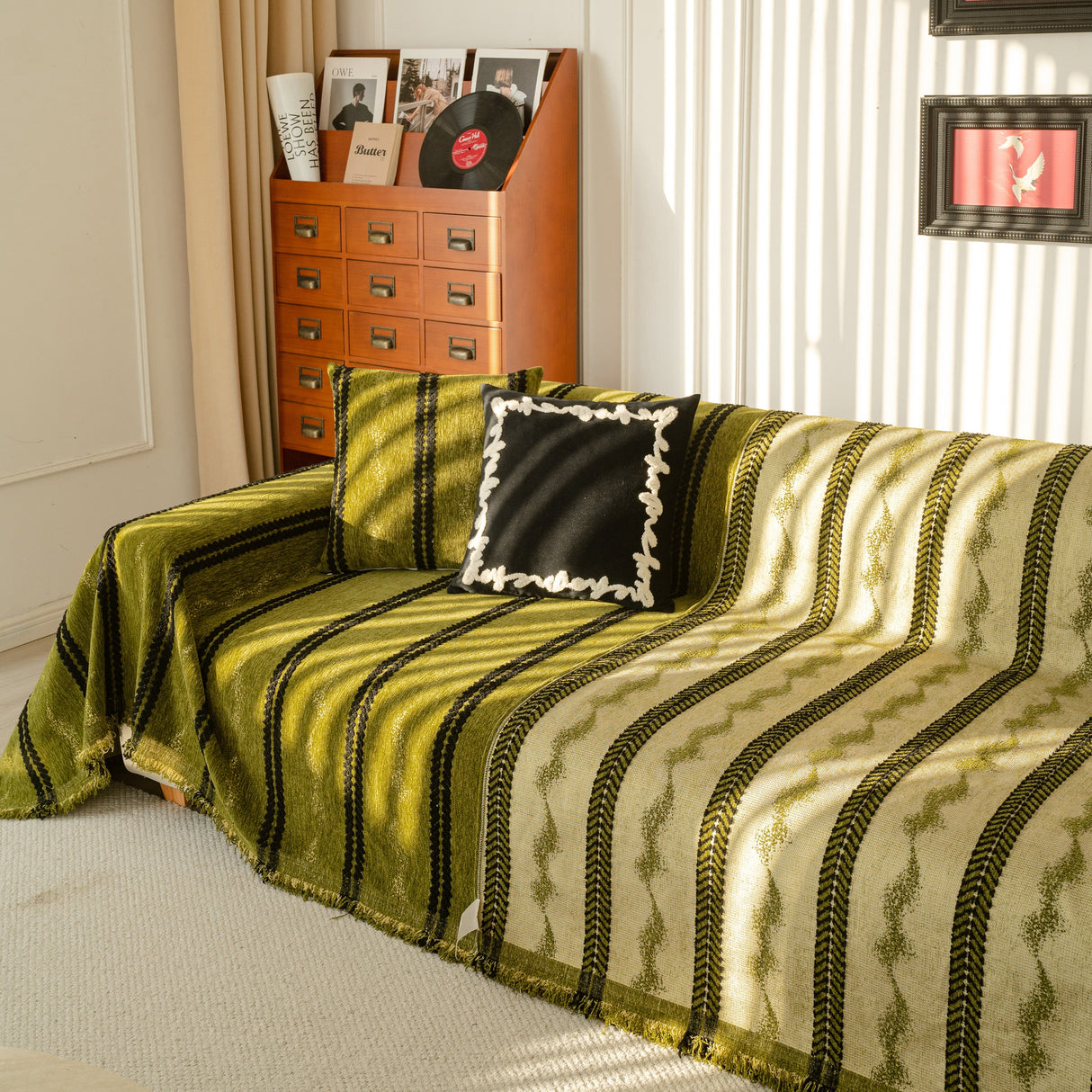 Boho Couch Throw Blanket with Textured Stripes, Sofa Cover for Living Room Decor