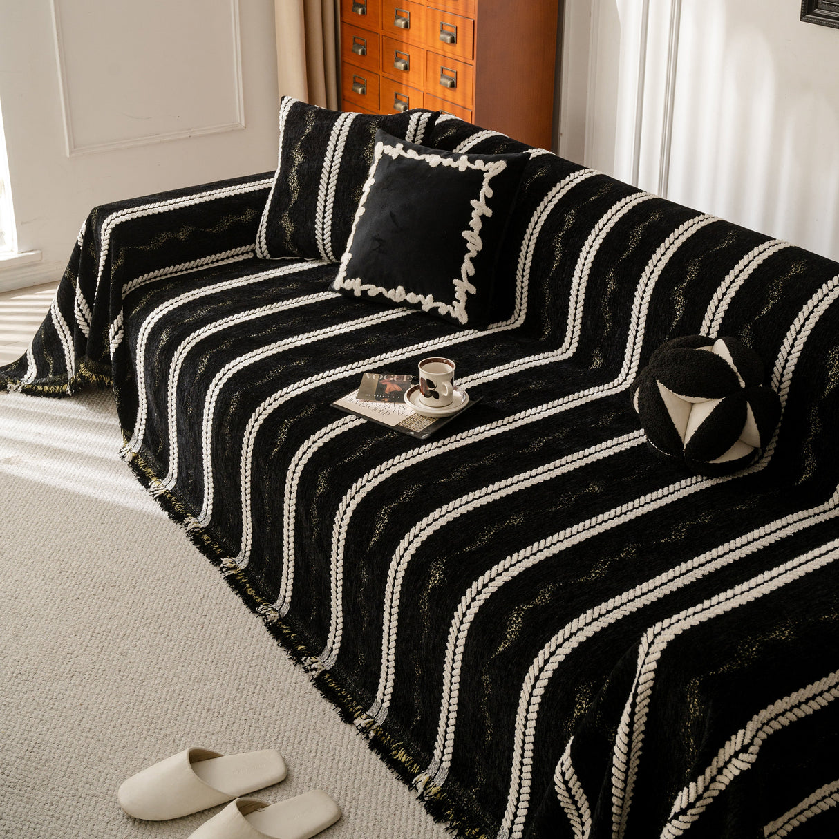 Boho Couch Throw Blanket with Textured Stripes, Sofa Cover for Living Room Decor