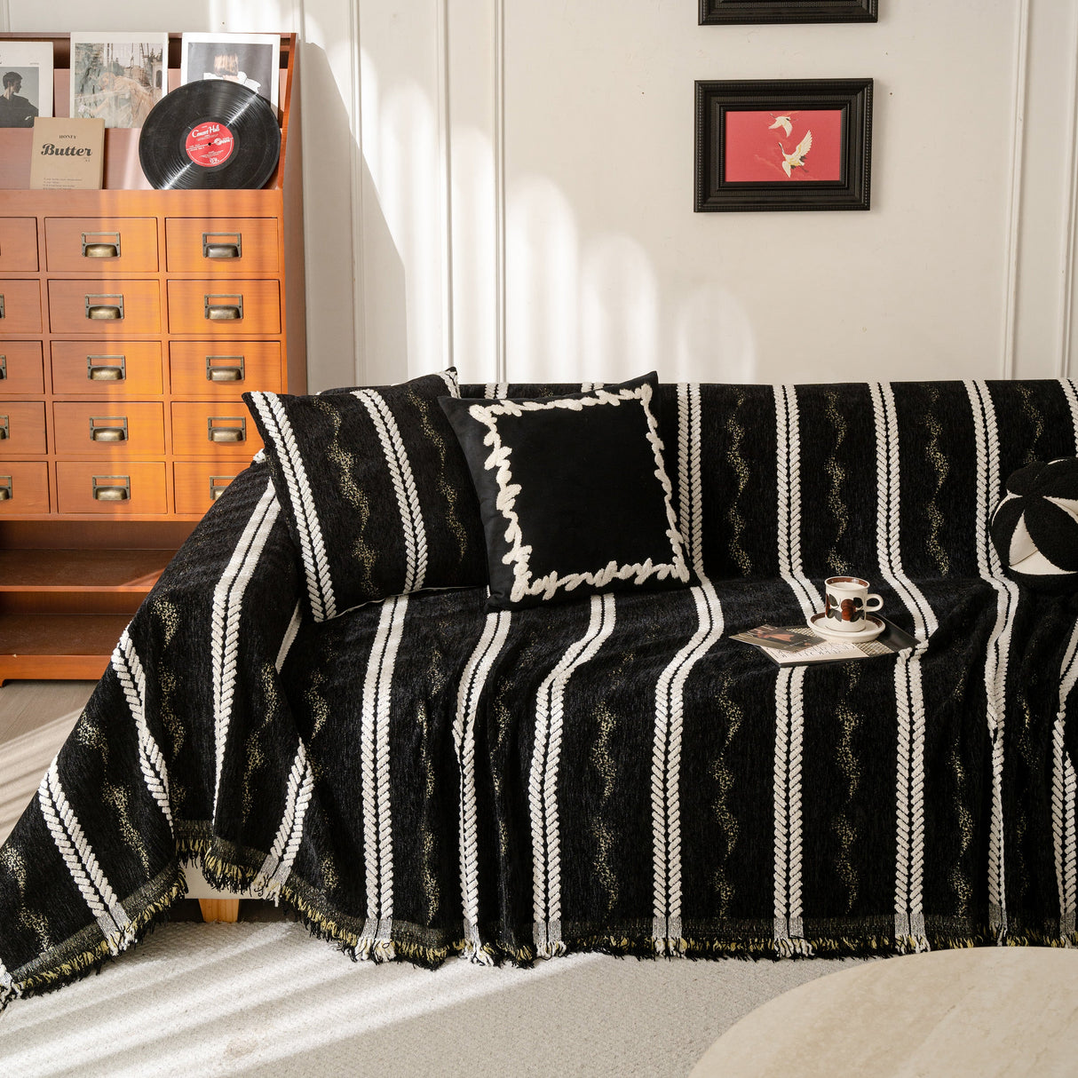 Boho Couch Throw Blanket with Textured Stripes, Sofa Cover for Living Room Decor