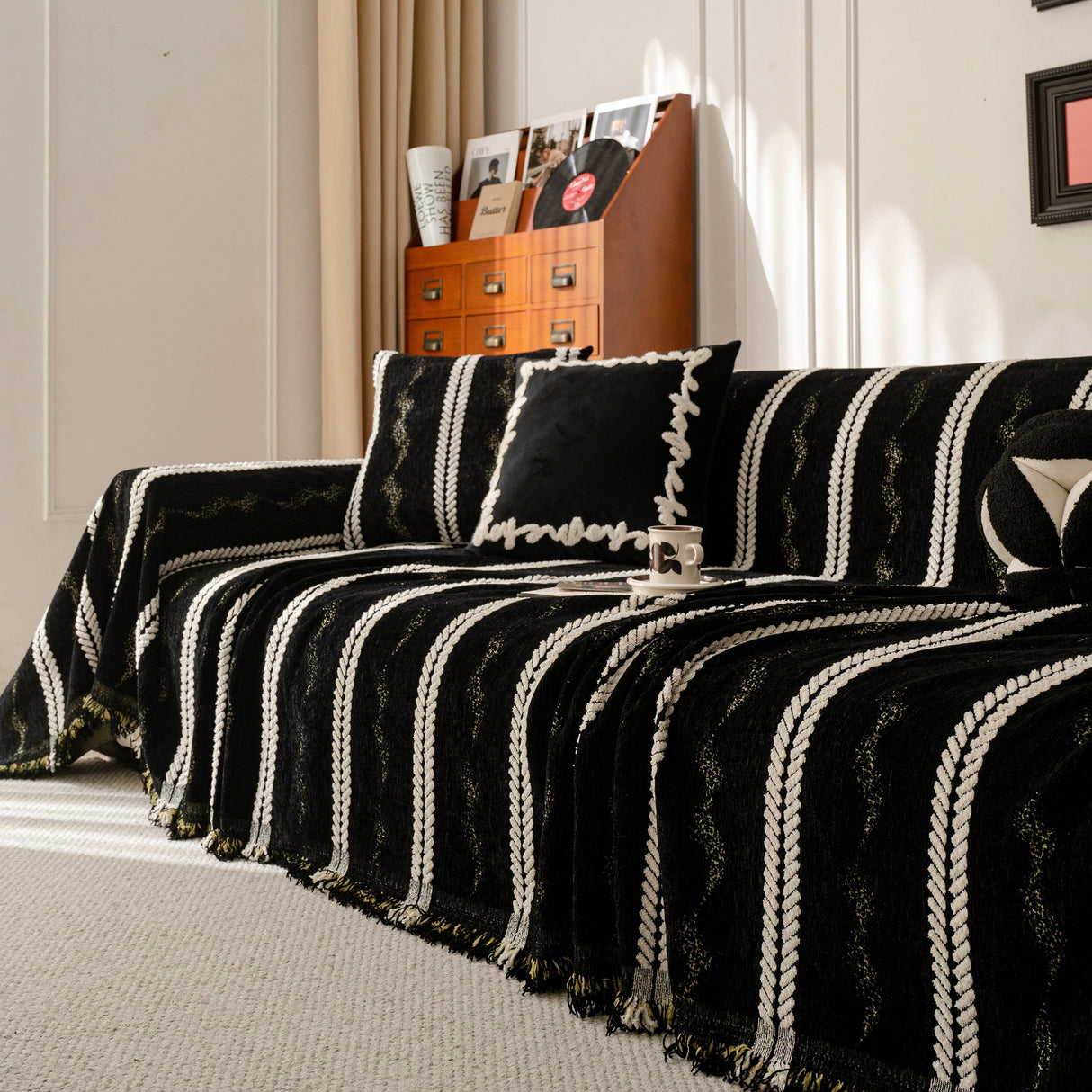 Boho Couch Throw Blanket with Textured Stripes, Sofa Cover for Living Room Decor