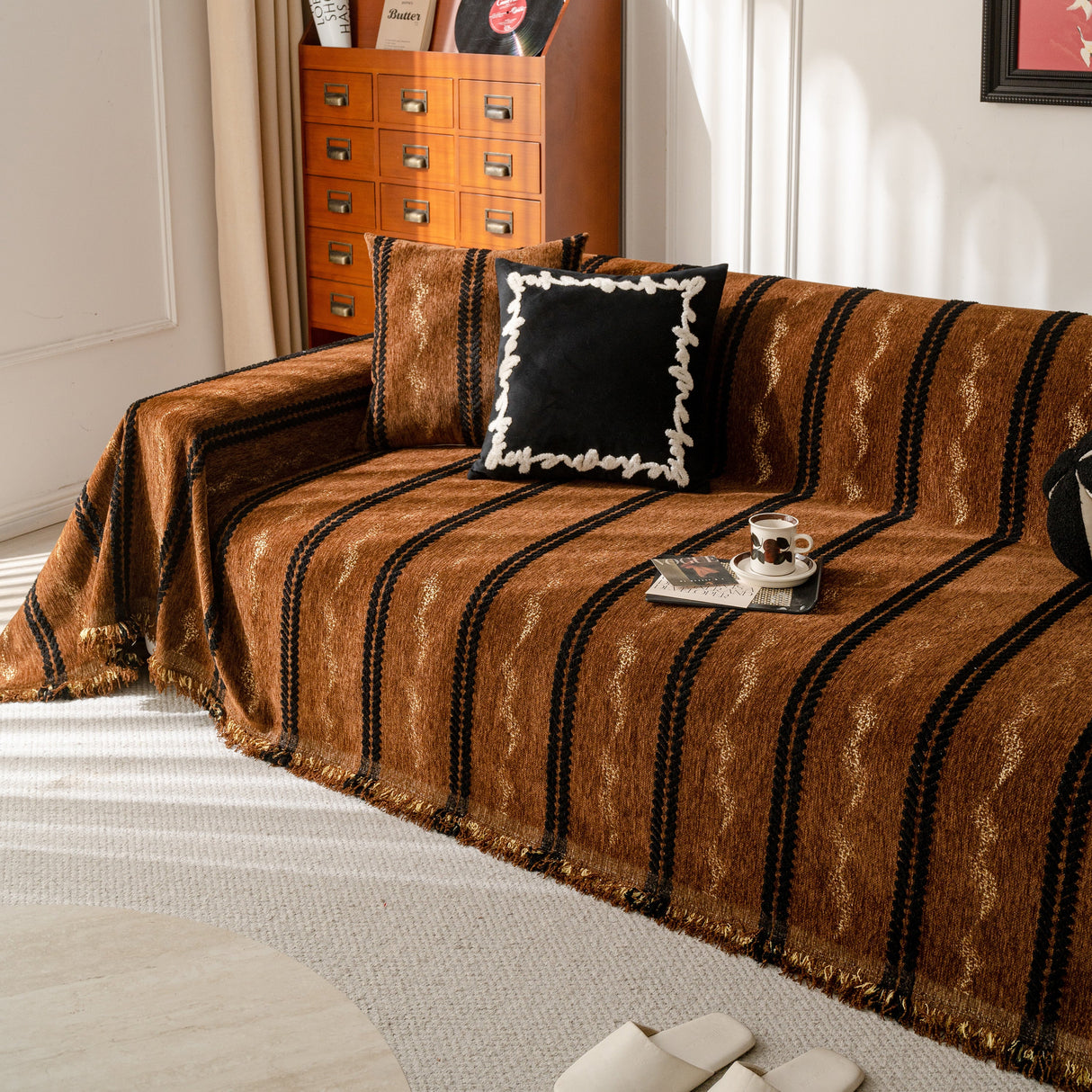 Boho Couch Throw Blanket with Textured Stripes, Sofa Cover for Living Room Decor