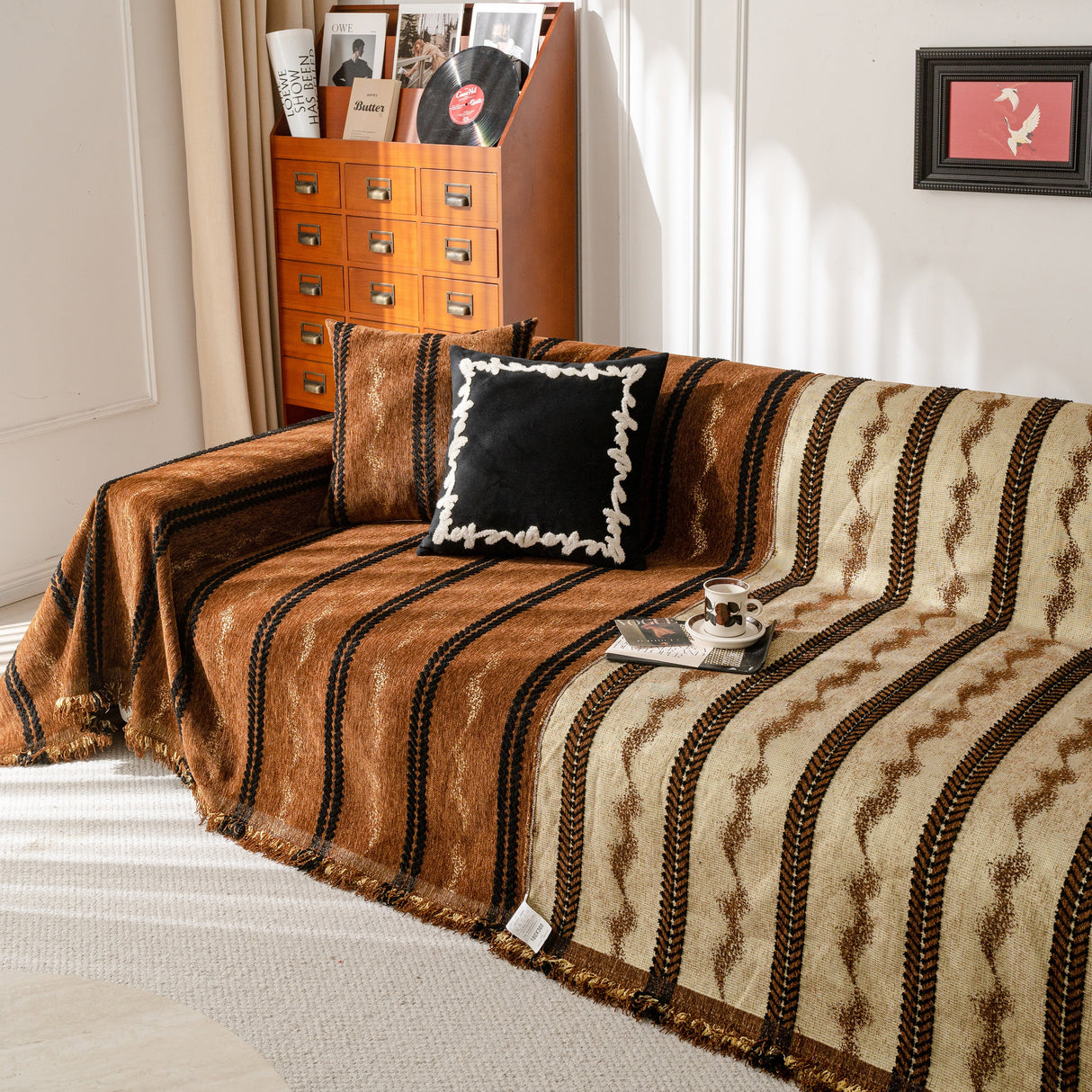 Boho Couch Throw Blanket with Textured Stripes, Sofa Cover for Living Room Decor