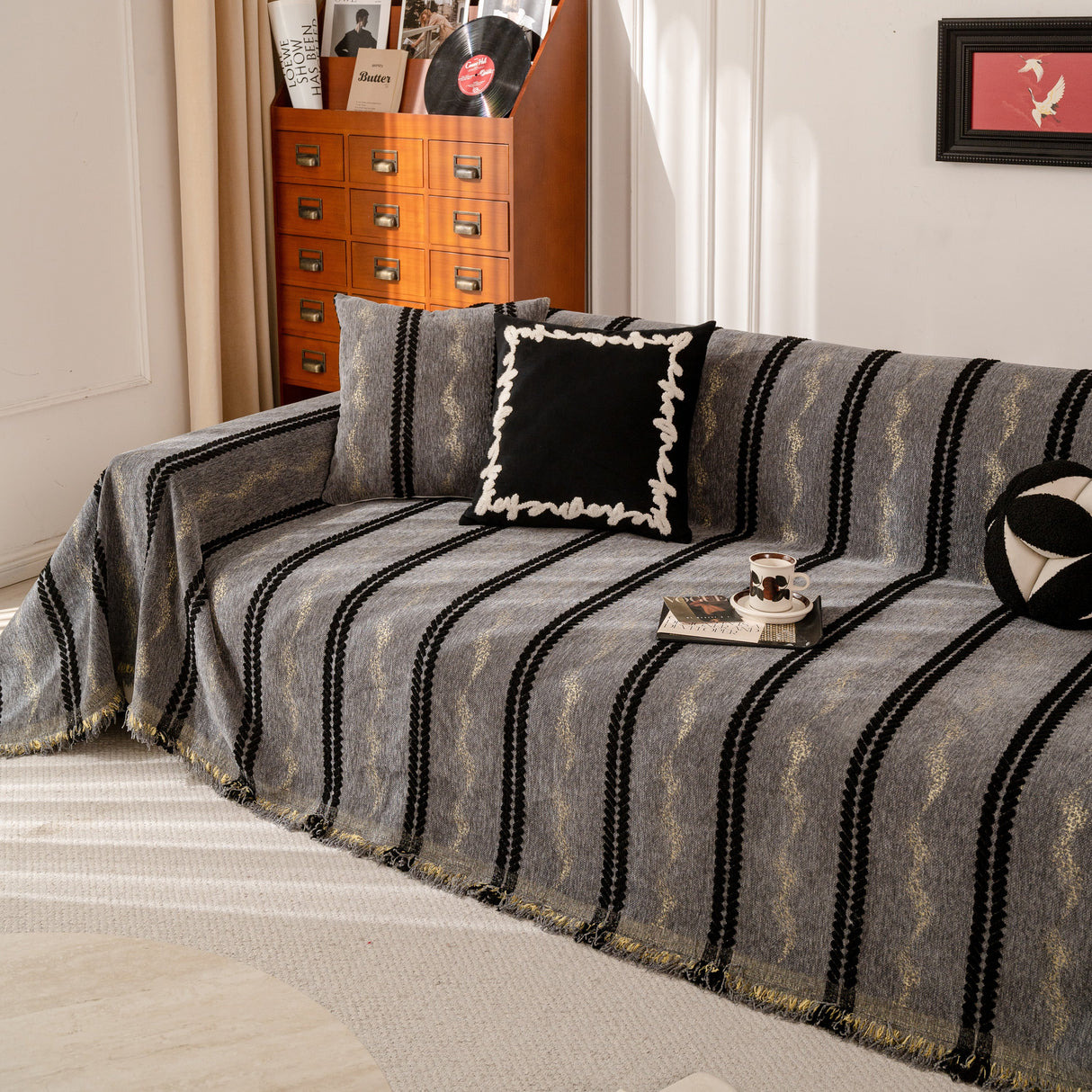 Boho Couch Throw Blanket with Textured Stripes, Sofa Cover for Living Room Decor