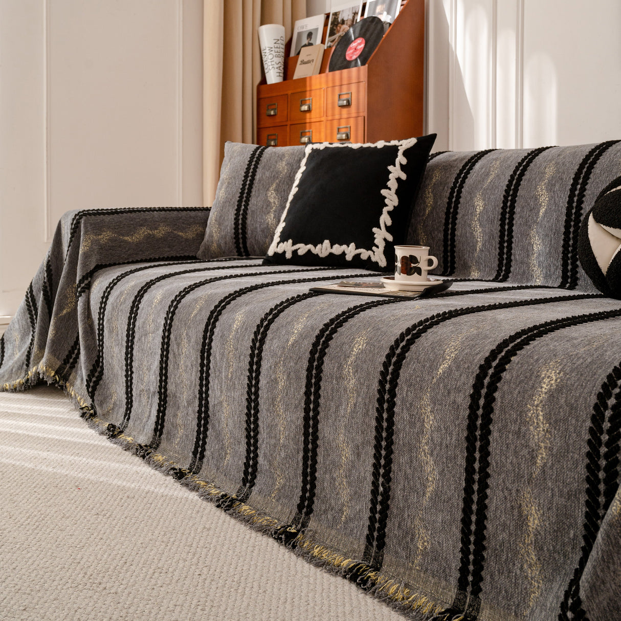 Boho Couch Throw Blanket with Textured Stripes, Sofa Cover for Living Room Decor