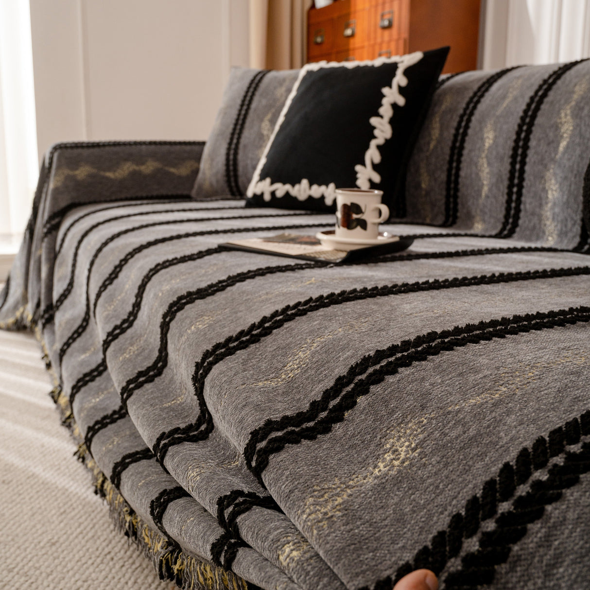 Boho Couch Throw Blanket with Textured Stripes, Sofa Cover for Living Room Decor