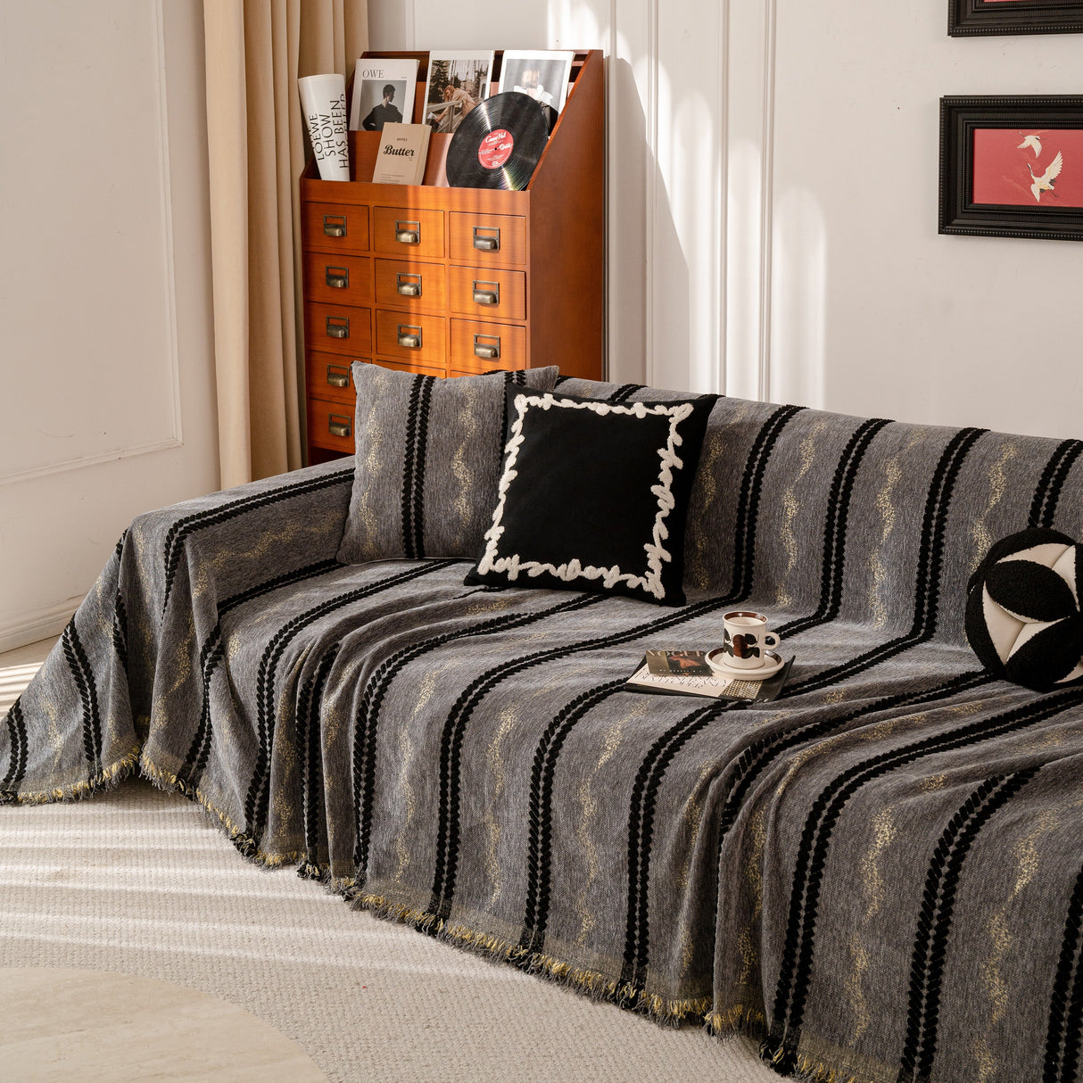 Boho Couch Throw Blanket with Textured Stripes, Sofa Cover for Living Room Decor