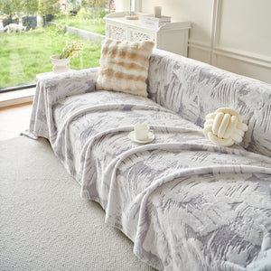 Plush Faux Fur Warm Sofa Cover with Waves Jacquard Textured Throw Blankets for Couch